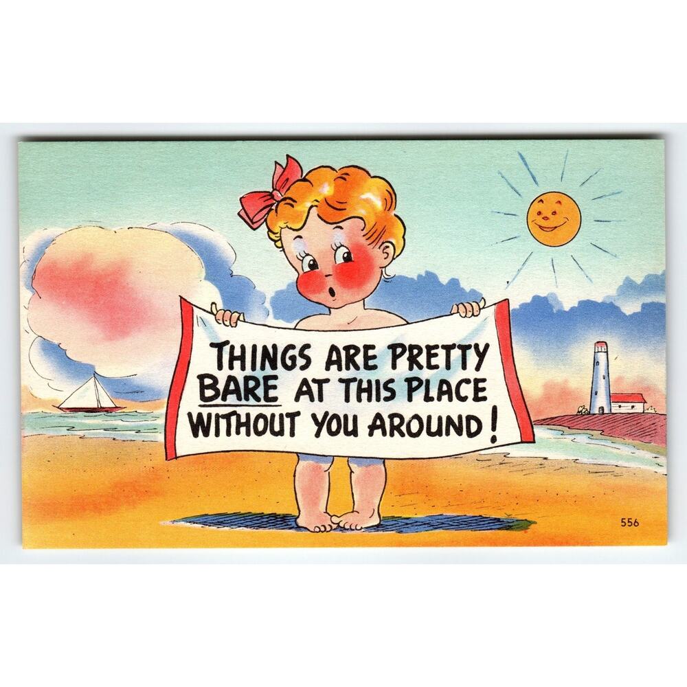 Vintage 1950s Linen Comic Postcard Bare Without You Sayings Quote